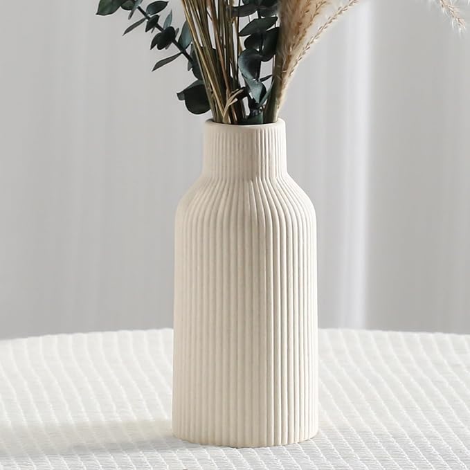 Bohemian Beige Ceramic Vase - for Pampas Grass, Mantel, Bookshelf, Entryway and Living Room Decor (Beige, 8in)