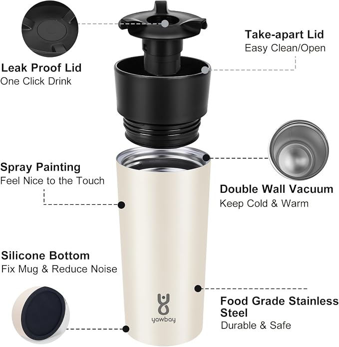 Travel Coffee Mug with 360°Lid, Travel Coffee Tumbler 12 oz Leak Proof, Stainless Steel Insulated Travel Mugs for Hot and Cold Spill Proof Leak Proof(Beige)