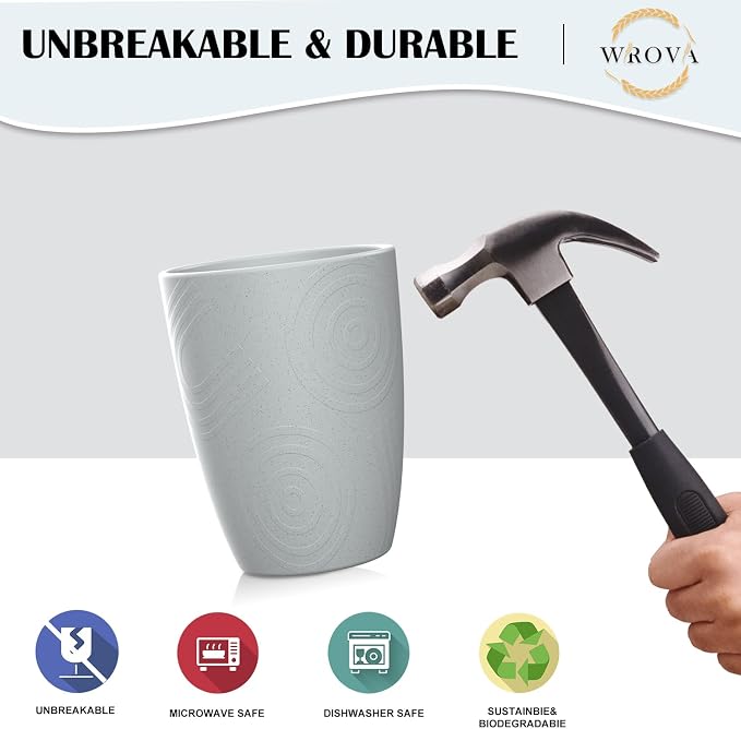 Wrova Wheat Straw Cups 8 PCS Good Alternative to Plastic Reusable Cups 12 oz Unbreakable Drinking Cup Reusable Dishwasher Safe Water Plastic Glasses Light Grey