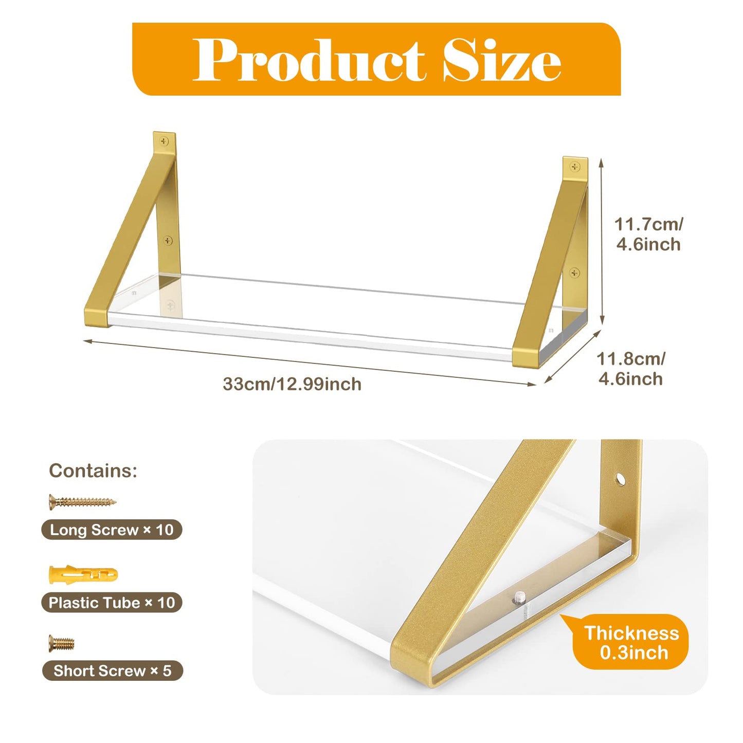 Cilinta Clear Shelves, Gold Floating Shelves Wall Mounted Set of 2, 8mm Transparent Acrylic, Invisible Wall Shelves for Bedroom, Living Room, Bathroom, Kitchen, Office Display Decor (13in)