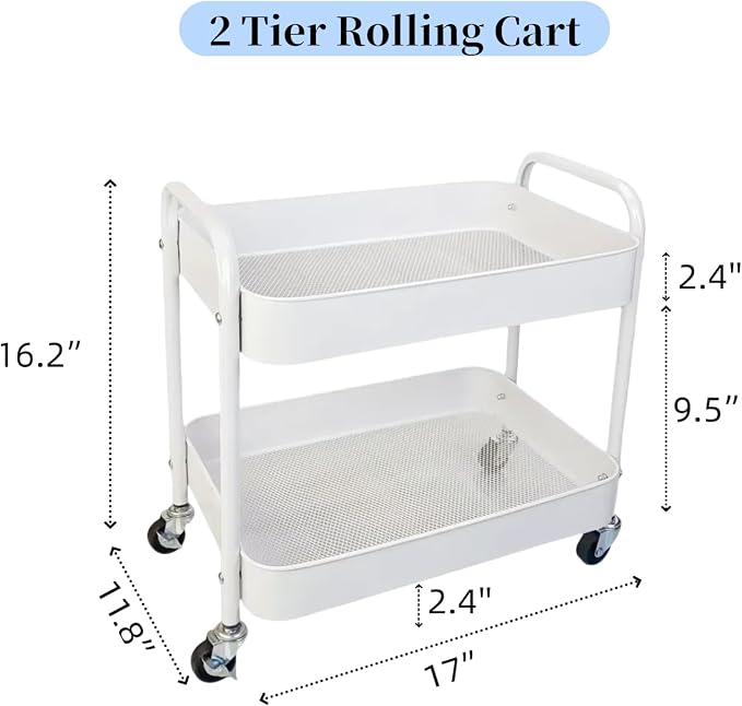 2 Pack Two Tier Rolling Cart with Wheels Small Pantry Floor Organizer Under Desk Storage Metal Short Utility Cart for Small Space, Kitchen Shelf Laundry Room Bathroom Organization, White