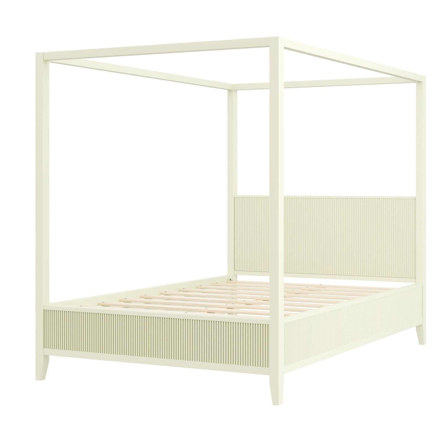 Merax Modern Luxury Queen Size Wooden Canopy Bed Frame with Headboard, Slats Support, Wood 4 Poster Bed Frame, No Box Spring Needed, Contemporary Bedroom Furniture, Beige