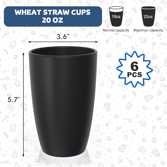 Wheat Straw Large Cup Set of 6, Unbreakable 20 OZ Tumbler, Alternative to Plastic Reusable Cups for Kitchen & Outdoor, Stackable Drinking Glasses, Dishwasher Safe Cup Set, Black