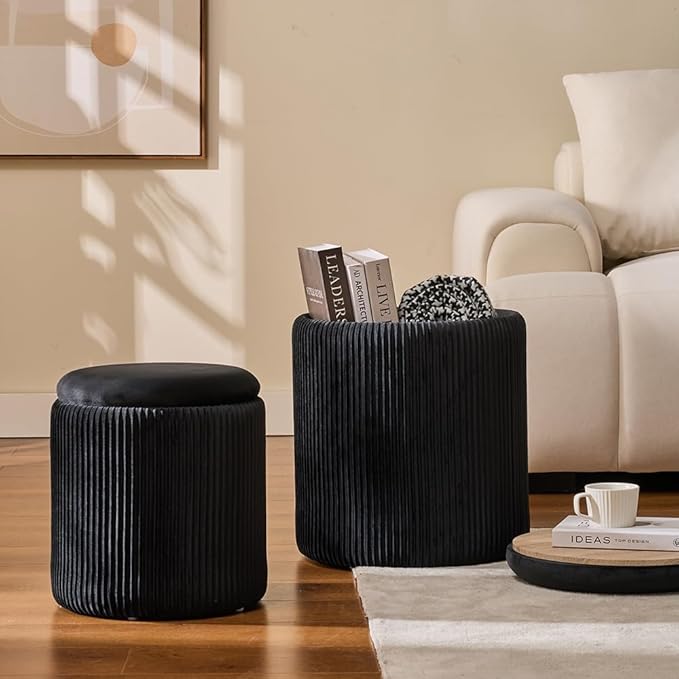 BLEXA Round Set of 2 Ottoman with Storage - Upholstered Velvet Vanity Stool for Makeup Multifunctional Ottomans Coffee Table Padded Seat Foot Rest for Living Room & Bedroom (Black)