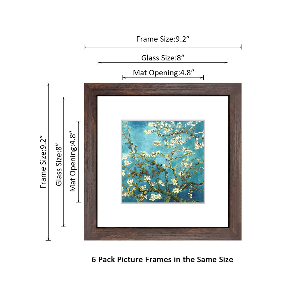 DEKWINN 8x8 Walnut Picture Frame Set of 6 with Real Glass for Pictures 5x5 with Mat or 8x8 Without Mat, Wall or Tabletop Gallery Photo Frames