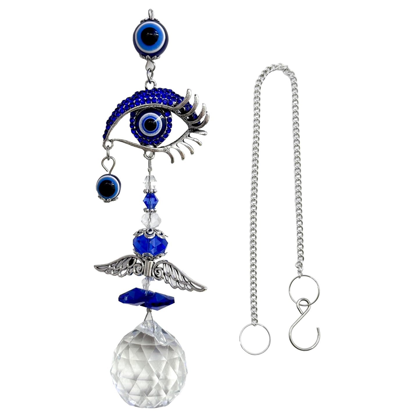 Crystal Suncatcher for Windows - Hanging Prism Sun Catchers with Crystal Balls&Blue Eye, Rainbow Maker for Home、 Garden、Car Decor (Evil Eye)