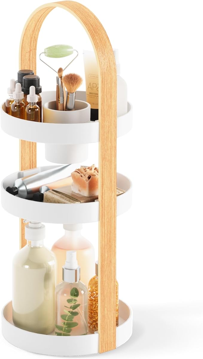 Umbra Bellwood Caddy, Organizer for Makeup and Cosmetics, Durable Rotating Container with Wooden Handle, Large, White/Natural