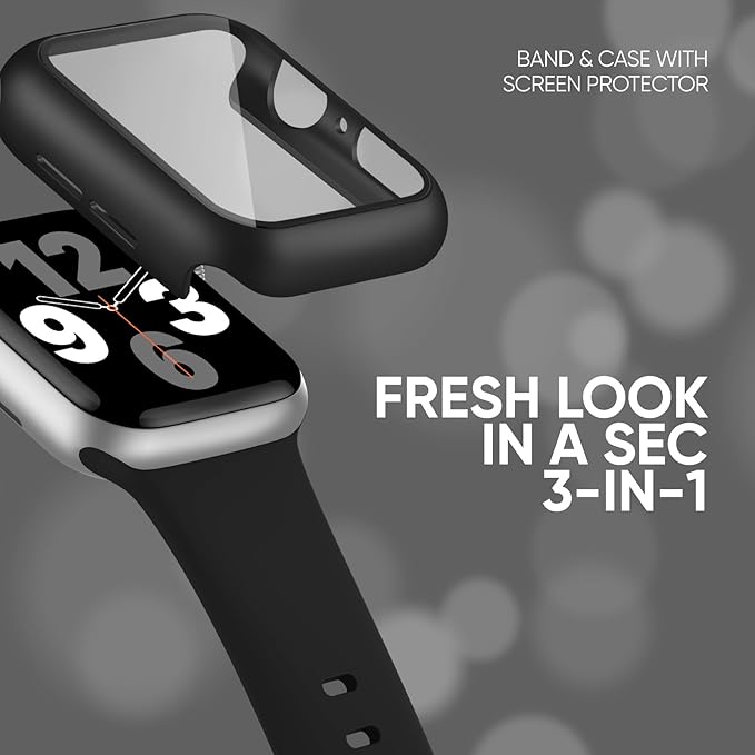 Compatible for Apple Watch Band 44mm 45mm and Case with Screen Protector, Soft Silicone Sport Strap Bands and Protective Cover with Tempered Glass for iWatch Series 9 8 7 SE 6 5 4
