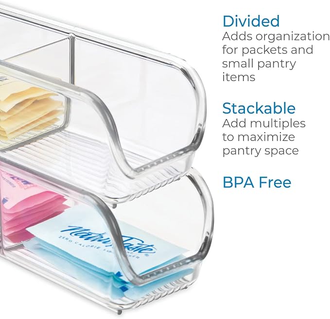 iDesign Plastic Packet Organizer Kitchen Storage Containers for Sugar, Salt, Pepper, Sweeteners, Tea Bags, Spices, The Linus Collection, 1 Count (Pack of 2), Clear
