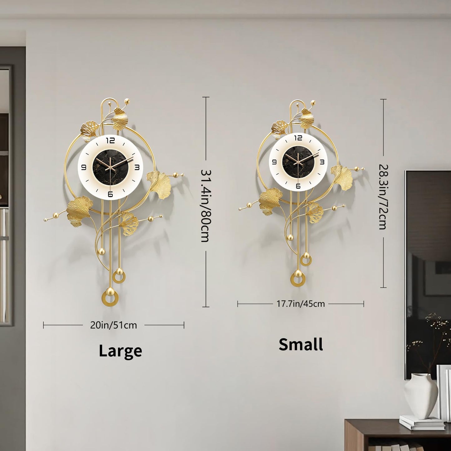 FIXNEO Wall Clock, Large Gold Wall Clock for Living Room Decor，Unique Office Clocks Battery Operated，Oversized Modern Wall Art for Bedroom,Farmhouse,Office Wall Decor 17.7 X 28.3 Inches