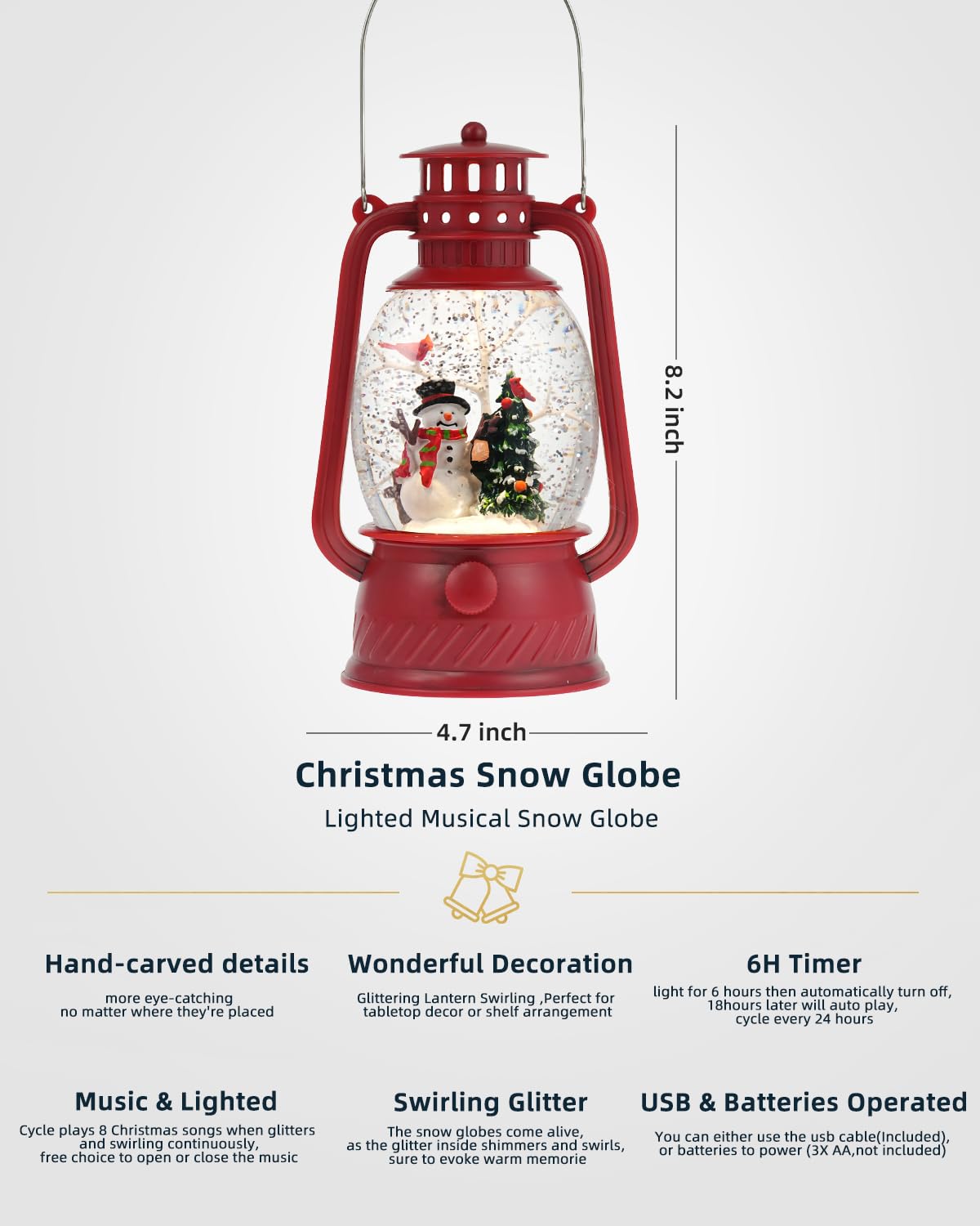 Christmas Decor Christmas Snow Globe Lantern,Snowman Lighted Snow Globes Musical with Swirling Glitter, Battery Powered Christmas Decorations Indoor for Home