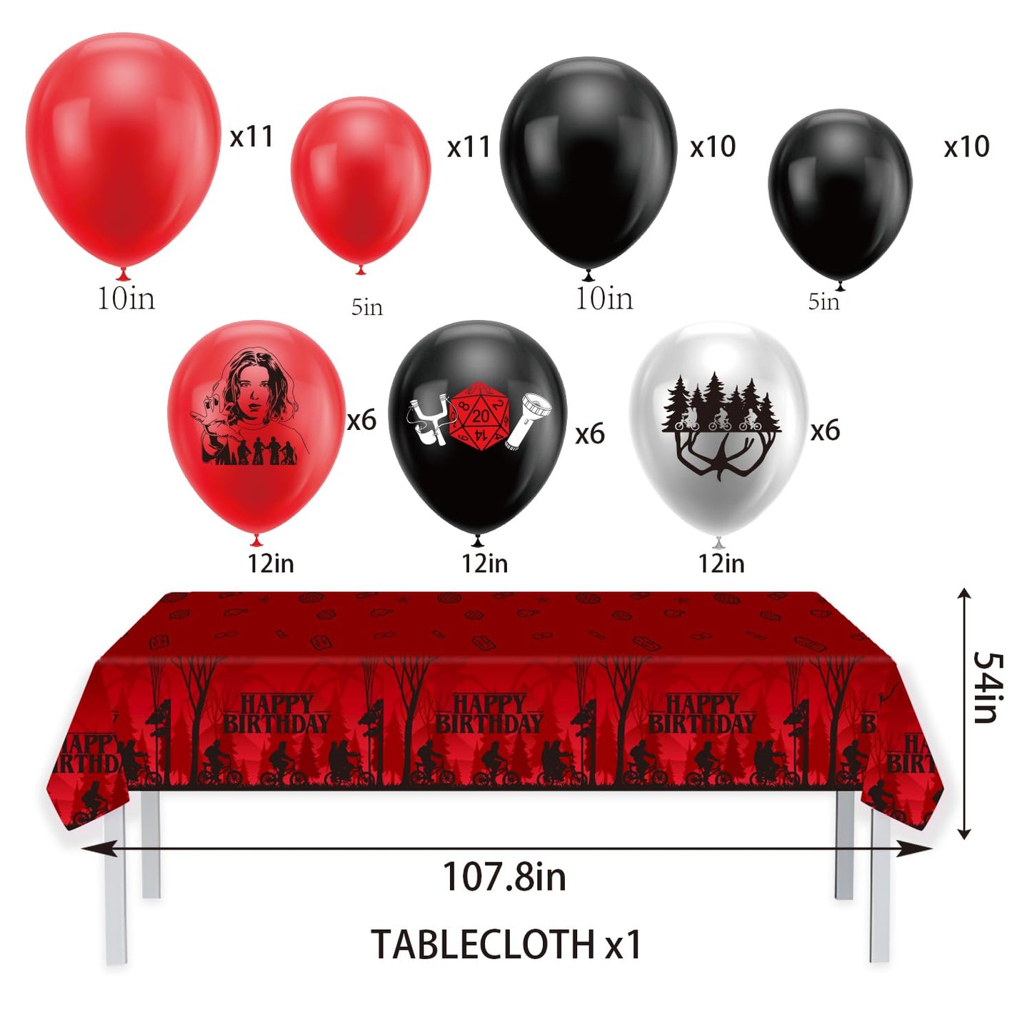 82Pcs Stranger Party Decorations Set - Thriller Theme Birthday Supplies with Thickened Backdrop, Tablecloth, Balloon Arch Kit, Cake Toppers for Kids Adults Upside Down Fans