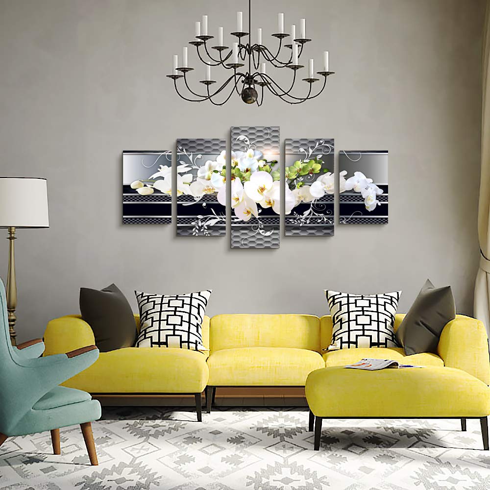 5 Piece Wall decor Canvas art for living room Picture Butterfly Orchid Flowers Contemporary Black White Abstract prints Modern Home bedroom Wall decorations inspirational wall art posters artwork