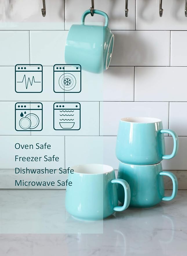 Teocera Ceramic Coffee Mug Set of 4-12 oz Coffee Mugs with Large Handles for Hot or Cold Drinks Like Latte, Cocoa, Tea or Juice - Smooth Ceramic, Dishwasher Safe, Turquoise