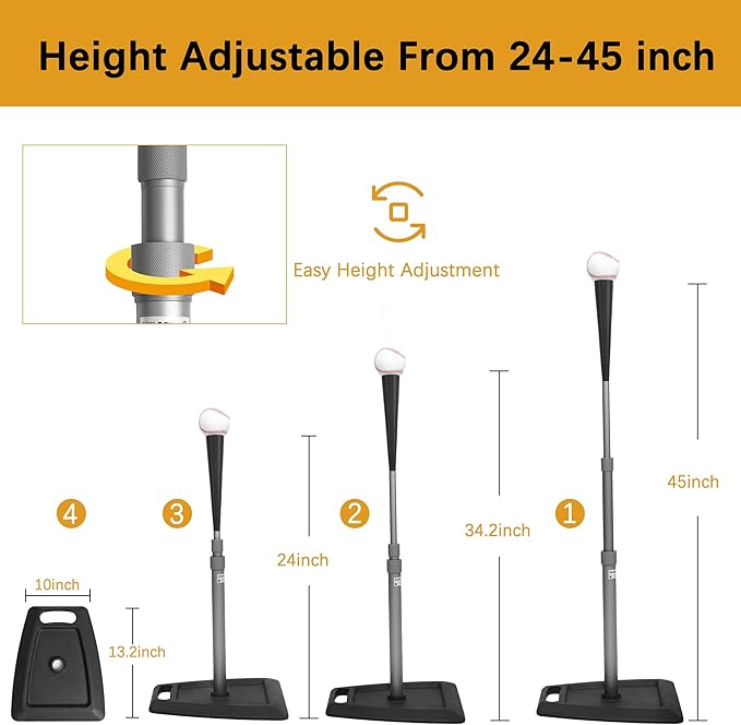 Baseball Tees for Hitting Adjustable Height Batting Tee 24" to 45" Easy Assemble Softball Tee with Rubber Top Heavy Duty Metal Base Hitting Tee for Kids/Youths/Adults