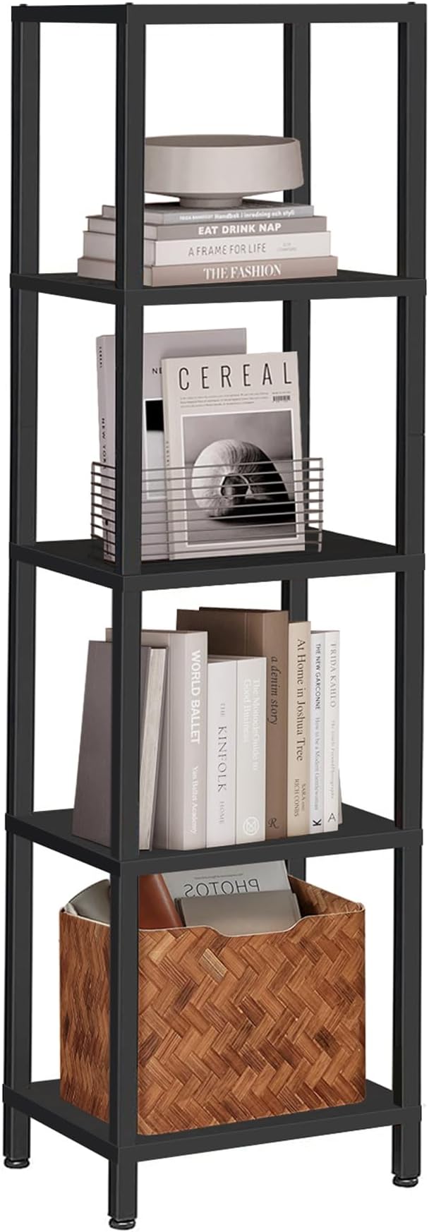 TUTOTAK Bookshelf, 5-Tier Tall Book Shelf, Narrow Bookcase for Small Space, DIY Stackable Bookshelf, for Living Room, Office, Study, Entryway, Industrial, Black BS01BK005