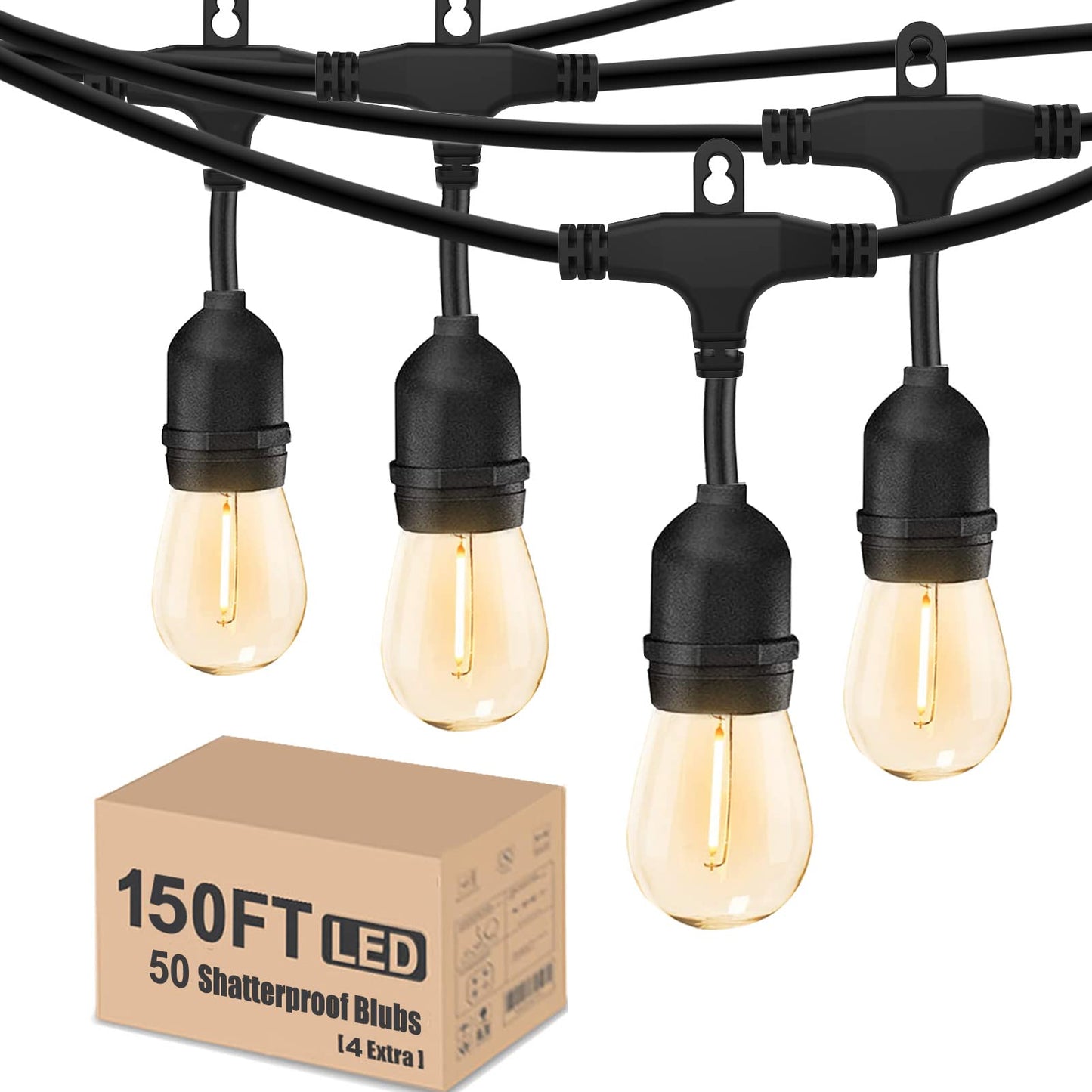 Achin Outdoor String Lights 150 Feet LED Waterproof Patio Lights with 50 Shatterproof Dimmable Warm Edison Bulbs String Lights for Outdoor Gazebo Bistro Wedding Birthday Party Lights, Connectable