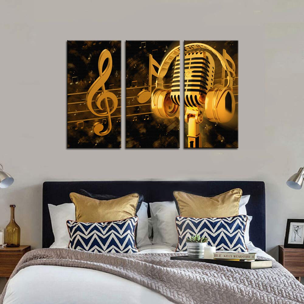 Biuteawal - Music Artistic Paintings Wall Art Gold Metal Microphone and Headset Note Picture Canvas Giclee Print Modern Home Studio Decor Stretched and Framed Ready to Hang