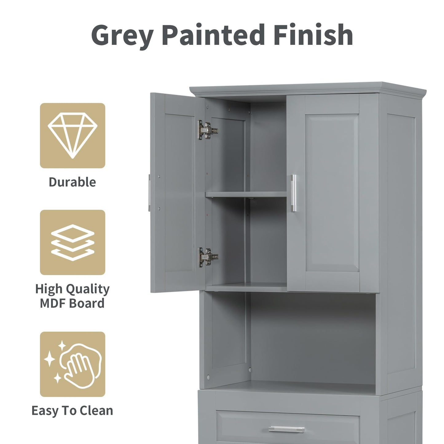 Virubi Tall Laundry Cabinet with Tilt Out Laundry Hamper and Drawer, Modern Wood Bathroom Storage Cabinet with Doors and Adjustable Shelves, Freestanding, Grey