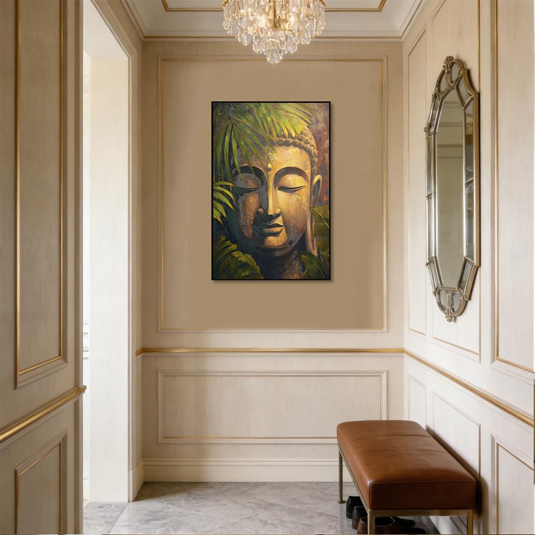 Buddha Head Canvas Wall Art, Framed 24x36 Inch Zen Buddhist Painting, Large Spiritual Meditation Room Decor, Buddha Print With Gold Decoration for Living Room Bedroom Yoga Studio, Ready to Hang