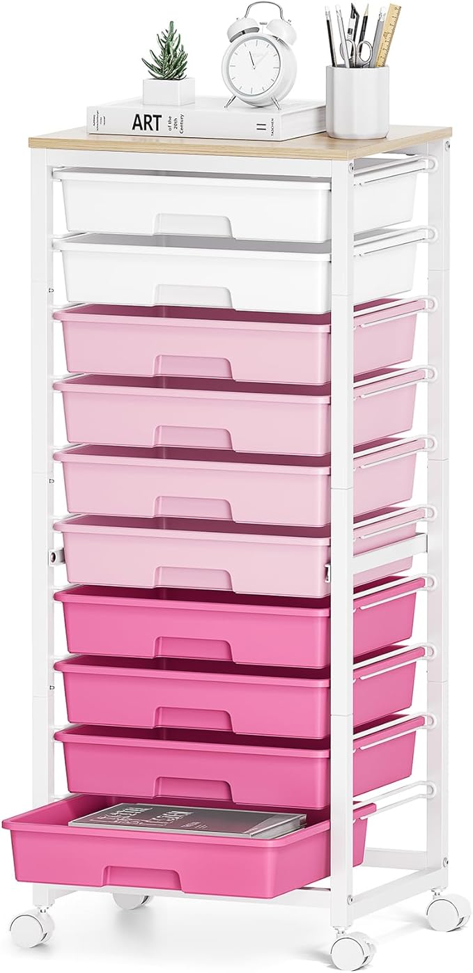 SYKIARIOL Rolling Cart with Drawers,10 Drawer Rolling Cart,Storage Cart,Utility Cart,Teacher Cart for Classroom Storage,Craft Cart with Wheels and Wooden Tabletop,Pink