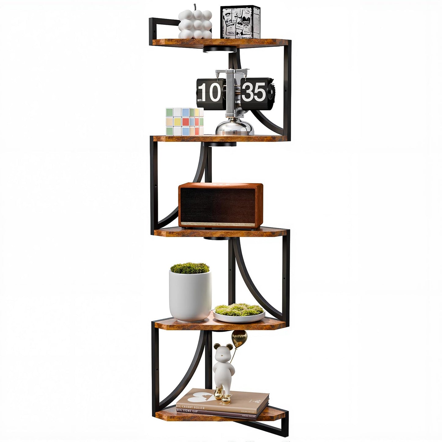 HAAYOT Corner Shelf Wall Mounted with Lights, 5-Tier Floating Metal Shelves for Living Room, Bedroom, Rustic Brown