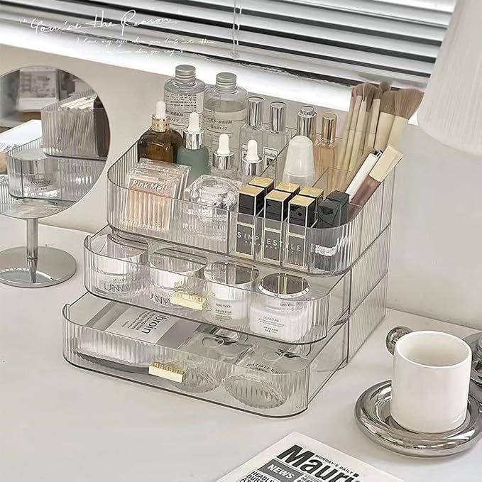 Makeup Organizer with Stackable Drawers, Bathroom Vanity Organizers and Storage, Ideal for Desk and Dresser Countertops, Great for Cosmetics, skincare, Lipsticks, Nail Care -Clear