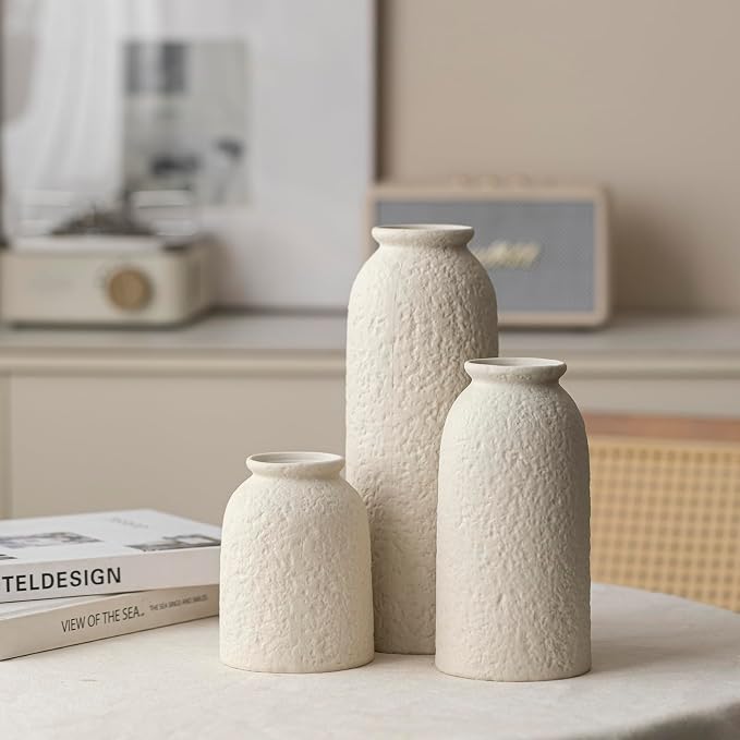 Large Decorative Ceramic Vase Set, 3 Pieces, Nordic Modern Boho Style, Berge Color, Modern Farmhouse for Home Decor (XL Beige Texture)