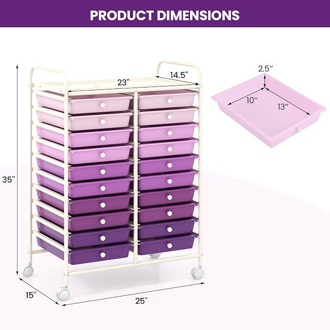 COSTWAY 20-Drawer Rolling Storage Cart, Utility Storage Organizer Cart for Tools, Scrapbook, Paper, Craft, Multipurpose Storage Trolley on Wheels for Home Office School, Purple Gradient