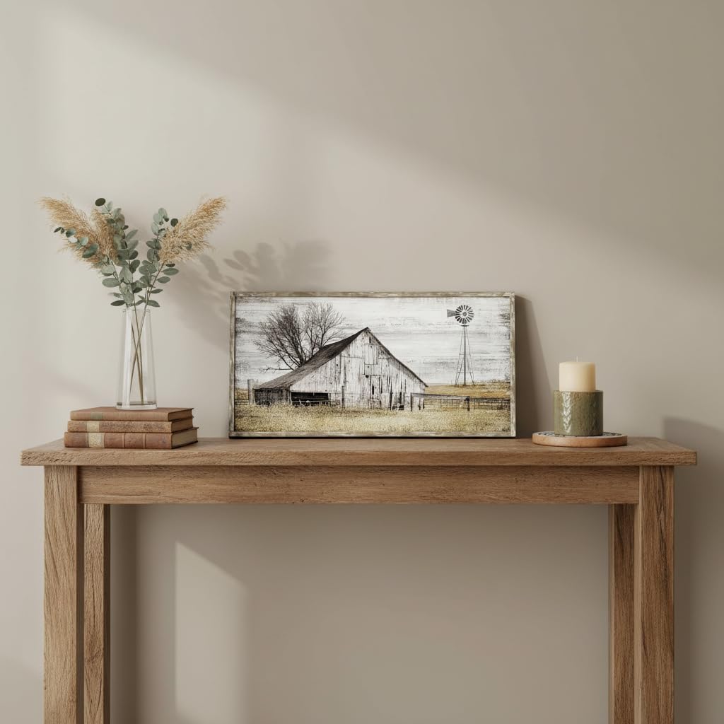 Barn Wall Art Decor Picture: Bedroom Framed Farmhouse Wooden Painting Rustic Horizontal Country Landscape Farm Windmill Print Long Panoramic Nature Scene Countryside Artwork for Living Room Bathroom