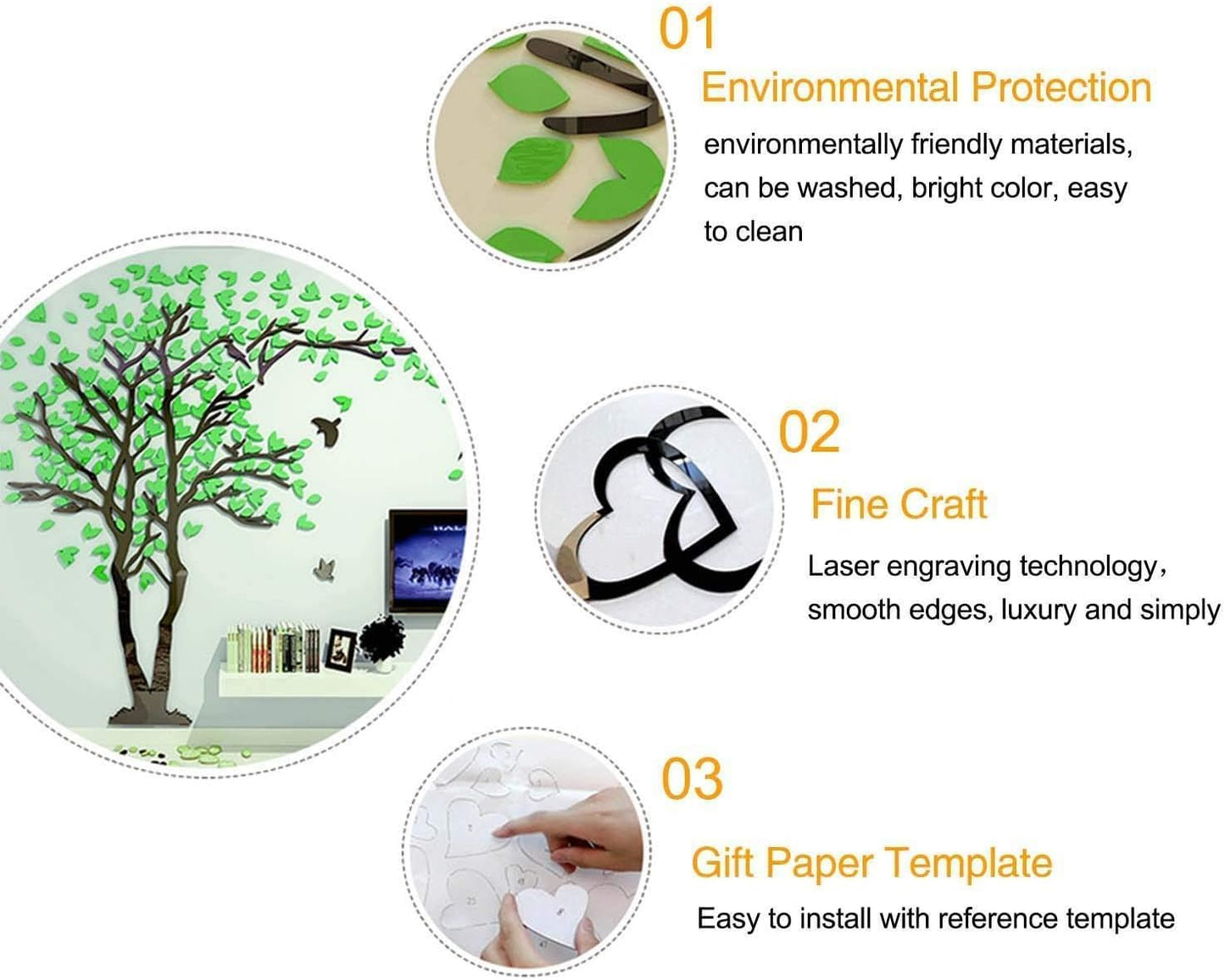 Acrylic 3D Tree Wall Stickers Wall Decal Easy to Install &Apply DIY Decor Sticker Home Art Decor. Tree with Blue Leaves and 3 Photo Frames, Large.