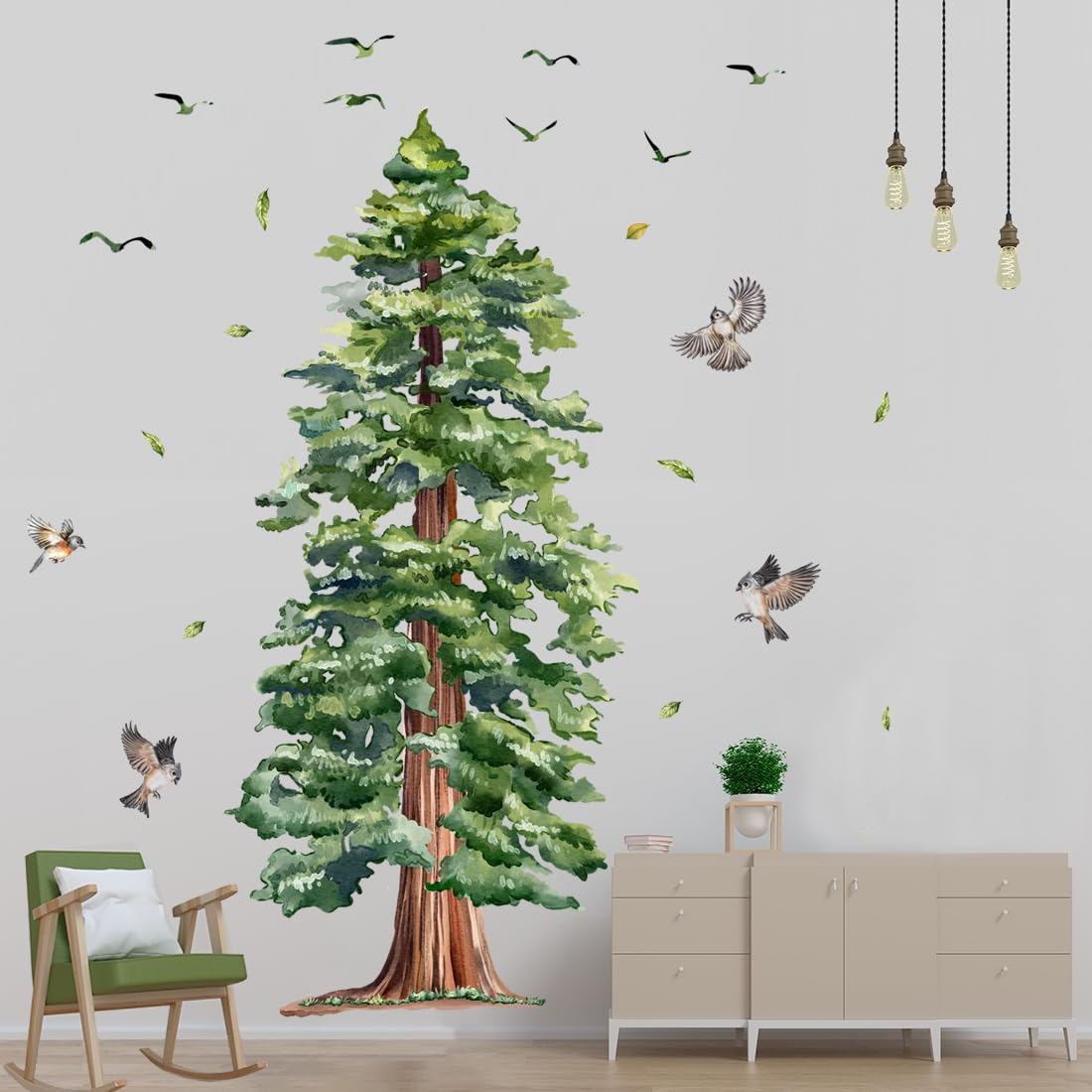 Large Tree Wall Sticker 4 Sheets Green Pine Tree Wall Decal Peel and Stick Bird Wall Art Decor 3D Woodland Animals Wall Stickers for Living Room