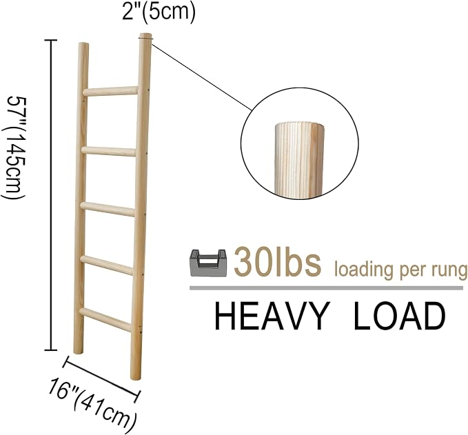 Wooden Blanket Ladder - 57in Natural Wood Color- Leaning Wall Decor for Bedroom, Bathroom, Living Room - Rustic Quilt Holder (Light Wood Color, 57in | Knock Down)