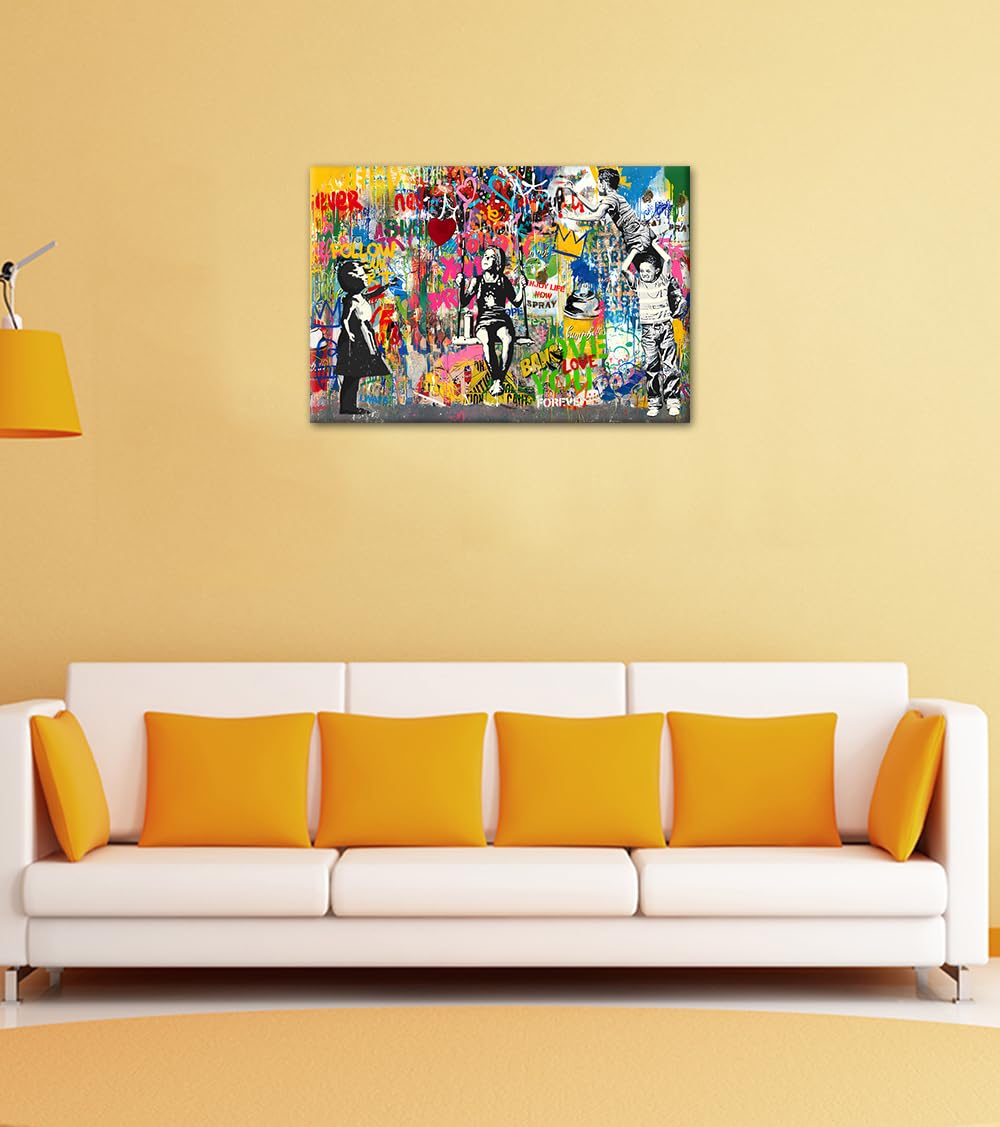 MAMAGO Huge Colorful Graffiti Banksy Wall Decor Modern Street Pop Art Abstract Inspirational Boy Girl Canvas Print Poster Home Apartment Hotel Wall Art Framed Easy to Hang-28 x 44 inch