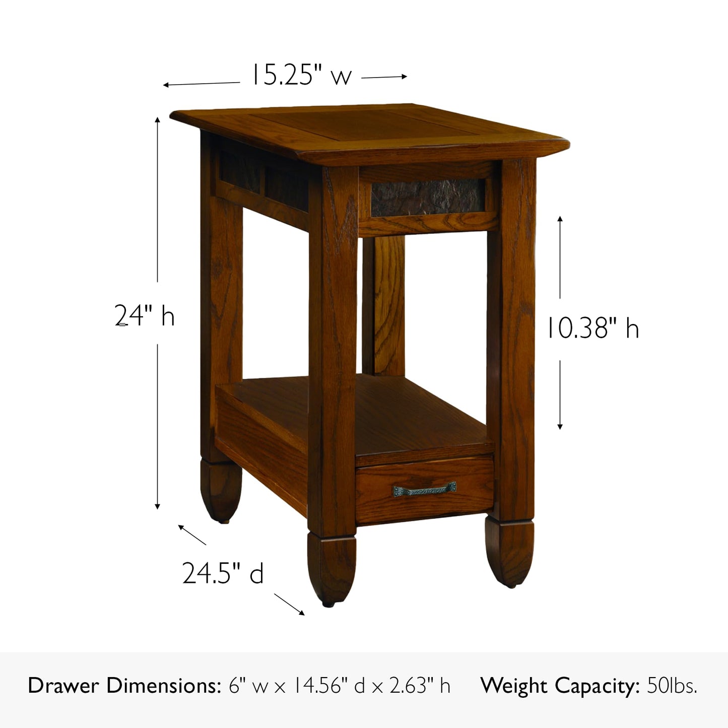 Leick Home Sibley End Table, Solid Wood, 1 Storage Drawer, Slate Tile Details, Bottom Display Shelf, Easy-Assembly, For Living Room/Bedroom, Rustic Oak, 24.5 in. L x 15.25 in. W x 24.0 in. H , 10906