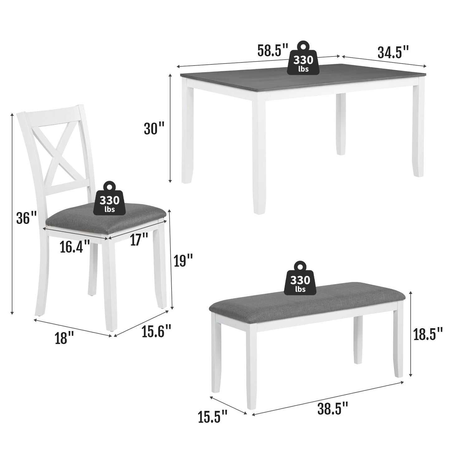 Zevemomo 6-Piece Solid Wood Dining Table Set, Including 1 Dining Table, 4 Upholstered Chairs and 1 Bench, Wooden Legs Dinner Set for Dining Room, Kitchen, Restaurant, White