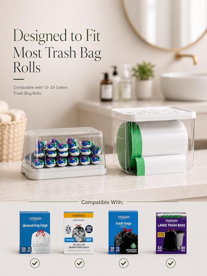 Trash Bag Dispenser & Dishwasher Pods Organizer, Clear Acrylic Garbage Bag Holder Under Sink Organizer With Removable Lid, Laundry Pods Container for Kitchen Pantry Laundry Room (3IN1 Dispenser)