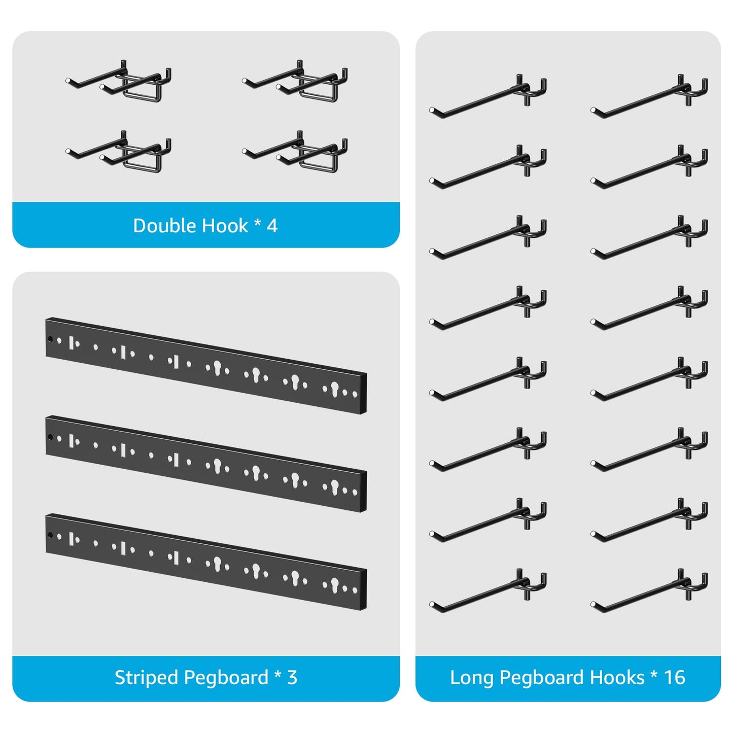 CCCEI 3 Modular Pegboard Strip Storage, Metal Peg Slat Wall Mount for Garage, Basement, Garden, Laundry Room Organization. Flexible Tool Organizer for Rake, Shovels, Crafting. Gifts for Men, Black.