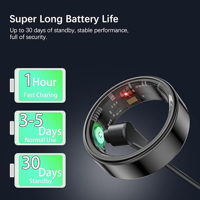 Smart Health Rings for Women Men, Fitness Tracker with Heart Rate, Blood Oxygen, HRV, Sleep Tracker, Step Tracker, No Subscription Fee, IP68 Waterproof Smart Ring for iphone & Android (Black 7#)