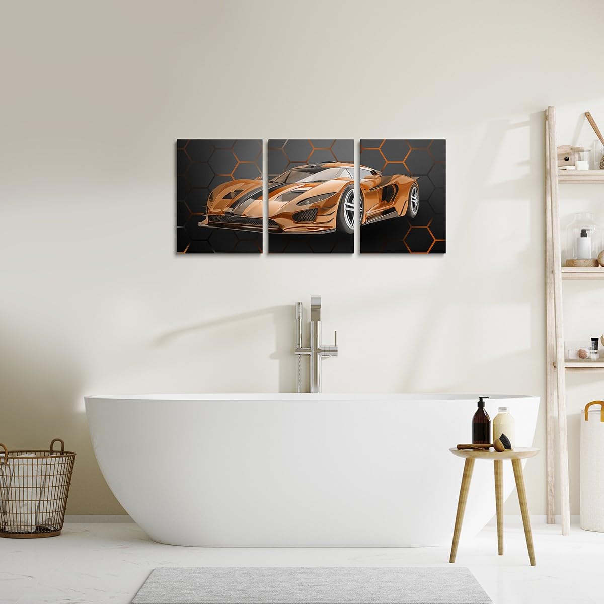 Feelyou Race Car Canvas Wall Art Honeycomb Speed Sports Car Office Wall Artwork Posters Orange Extreme Sports Bathroom Wall Art for Home Decor 12"x16" 3 Piece Hexagon Theme Wall Painting