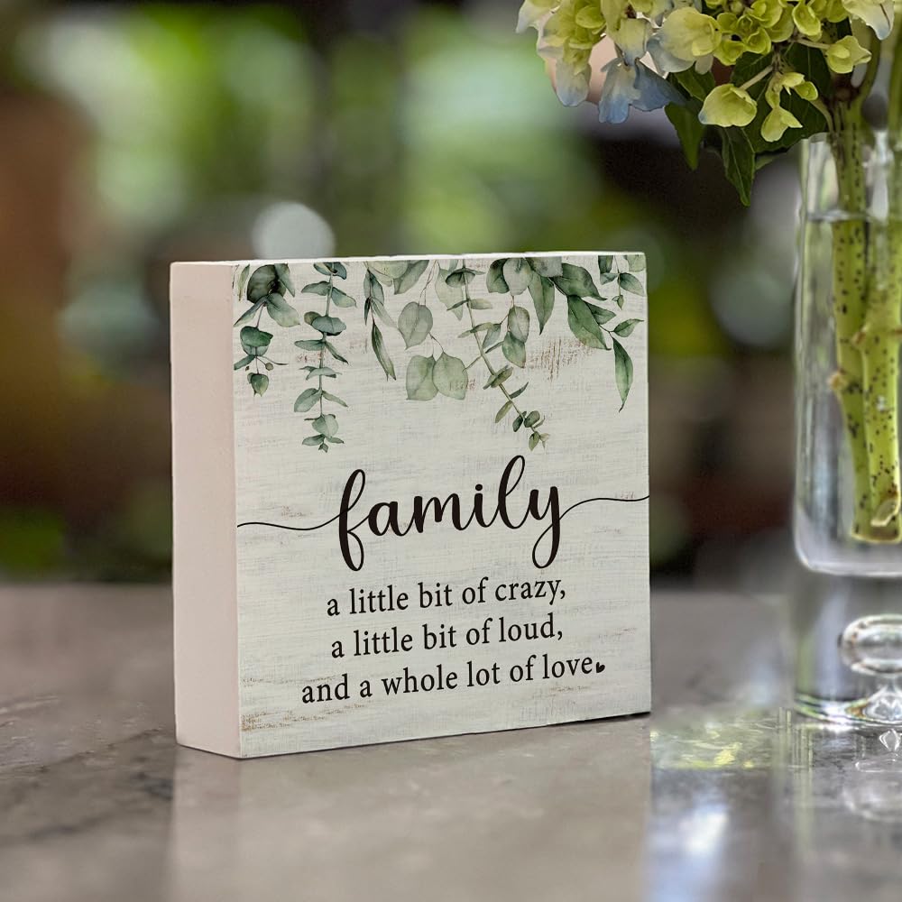 Funny Family a Little Bit of Crazy Wood Box Sign, Inspirational Quotes Rustic Farmhouse Wooden Sign Family Inspirational Wall Art Sign for Home Living Room Desk Shelf Table Decor