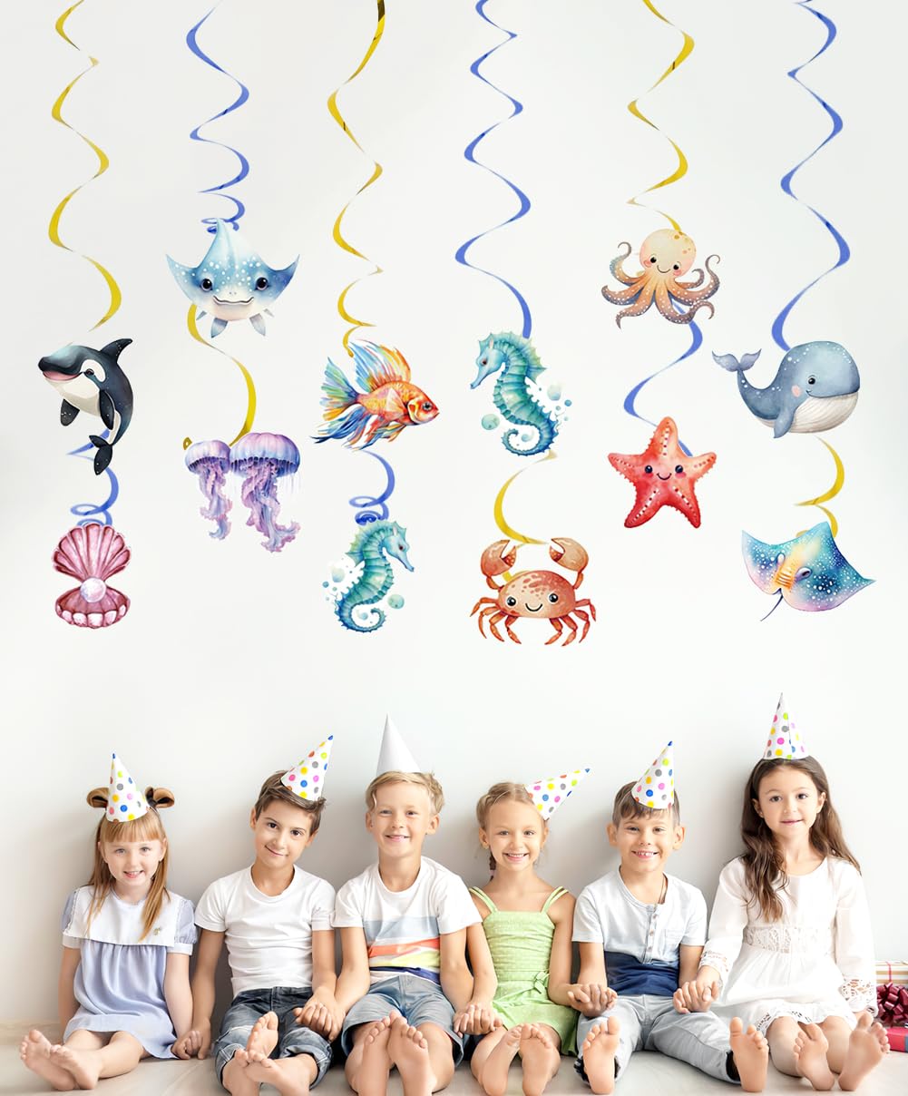Sea Animals Hanging Swirl Ceiling Streamers Decorations, Under Sea Happy Birthday Banner Sign Party Decoration for Kids Baby Shower Ocean Sea Party Supplies Room Decor