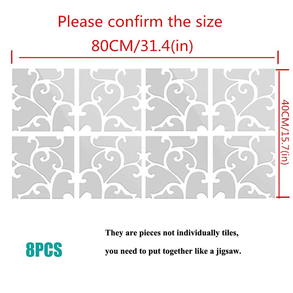 3D Mirror Wall Stickers, Acrylic Square Geometric Pattern DIY Art Decals, Self Adhesive Mirror Plastic Wall Sheet Tiles Home Decoration for Living Room Bedroom Stair Wall Decor (Floral- 8pcs)