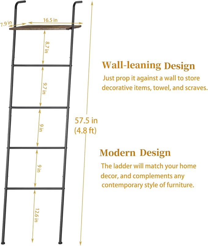 Vrisa Blanket Ladder Wall Leaning Blanket Rack Farmhouse 5-Tier Metal Blanket Holder with Shelf Bath Towel Storage for Bathroom Quilt Bedroom Living Room Pool Black