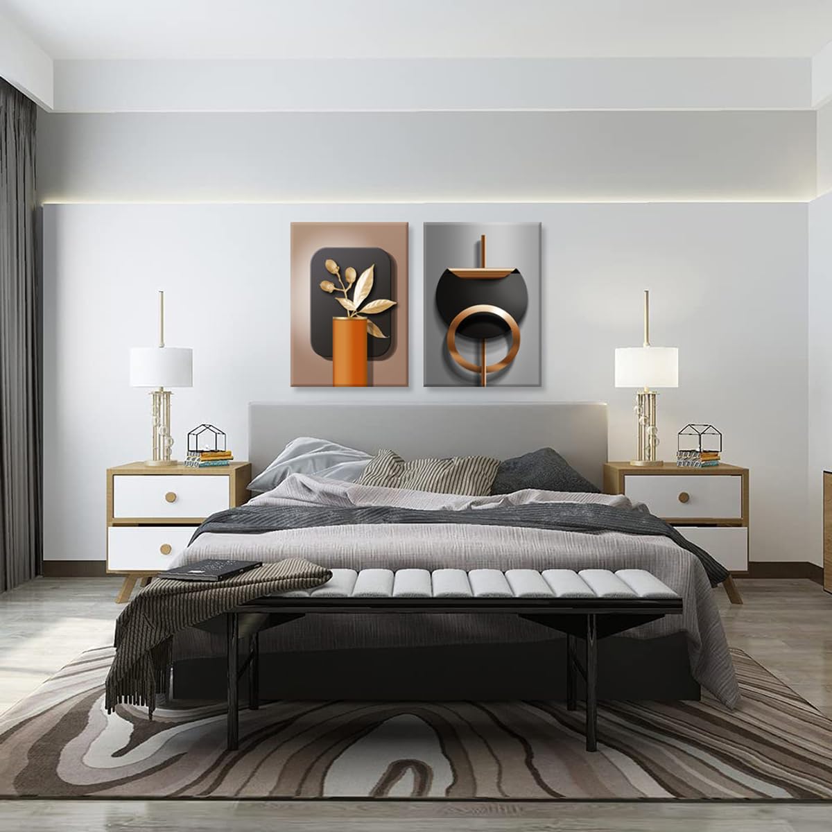 2pcs 3d Effect Pattern Black Copper Geometric Canvas Abstract Wall Art Nordic Luxury Living Room Pictures Prints Modern Artwork Black Gold Gray Wall Decoration Inspiring Home Decor 16x24 Inches Ready To Hang