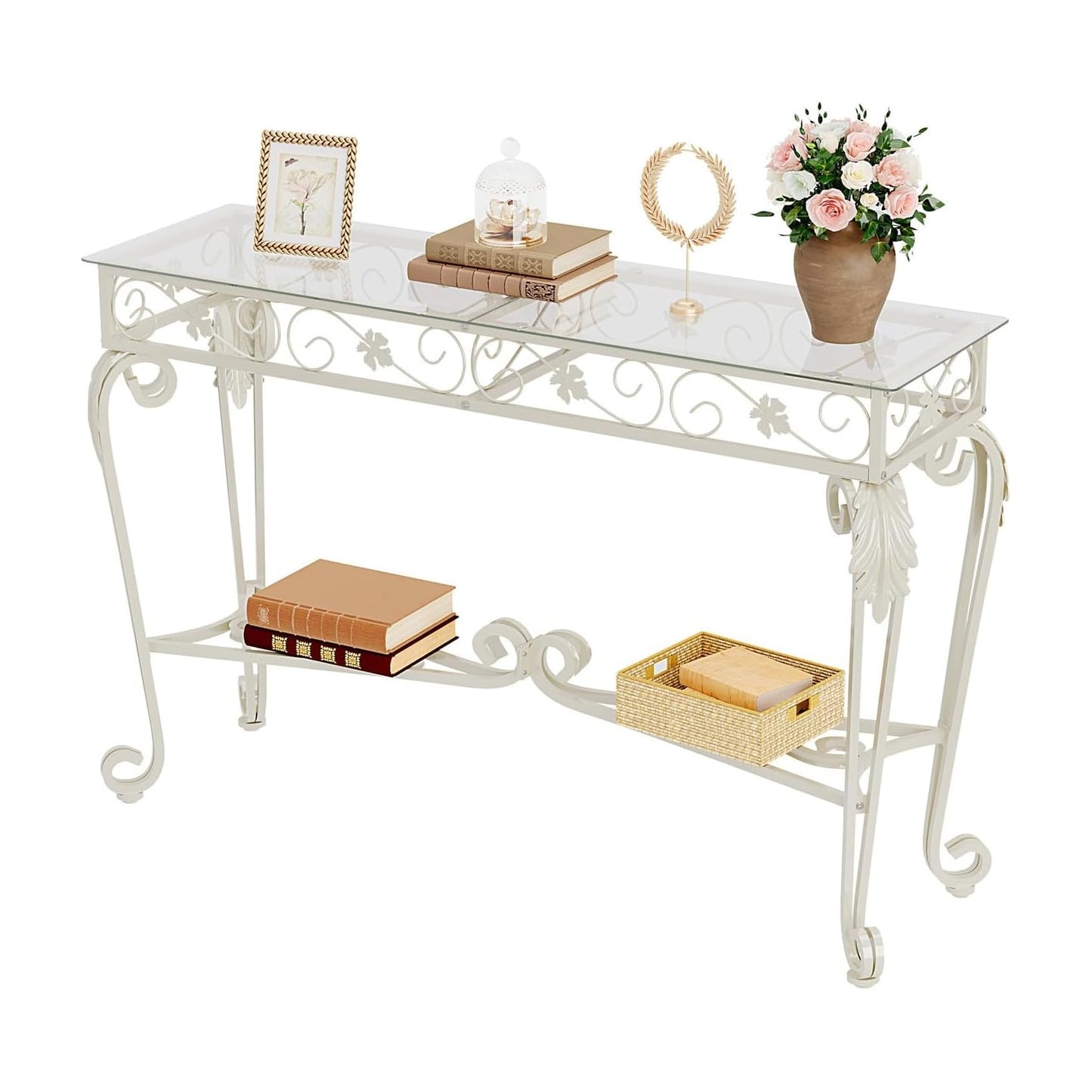HavenlyYouth Console Table 47.2", Tempered Glass Sofa Table with Metal Frame, Console Tables for Living Room, Entryway, Hallway, Foyer, Adjustable Feet (White)
