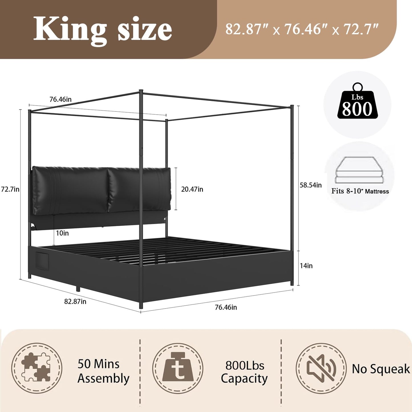 SAMTRA Modern Canopy Bed Frame with Upholstered Faux Leather Headboard – Tall Four Poster Metal Platform Bed, No Box Spring Needed, King Size, Black