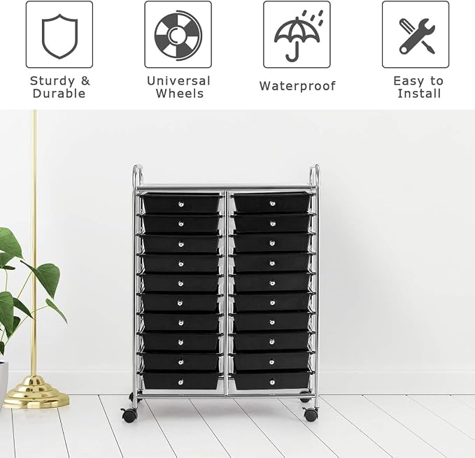 Giantex 20 Drawer Rolling Storage Cart Tools Scrapbook Paper Office School Organizer (25 x 15 x 35 Inch, Black)