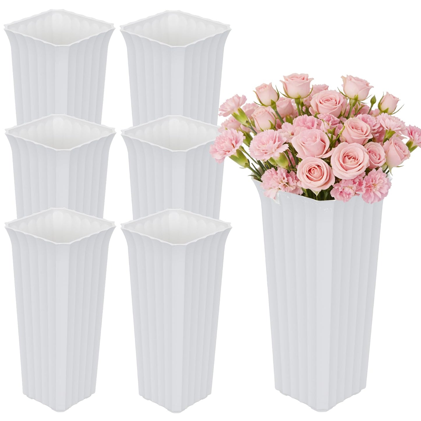 6 Pack Flower Buckets for Cut Flowers 11.8 Inch Plastic Floral Buckets Modern Square Vases for Centerpieces Floral Display Decorative Buckets Table Home Bridal Shower Wedding Festival Decorations