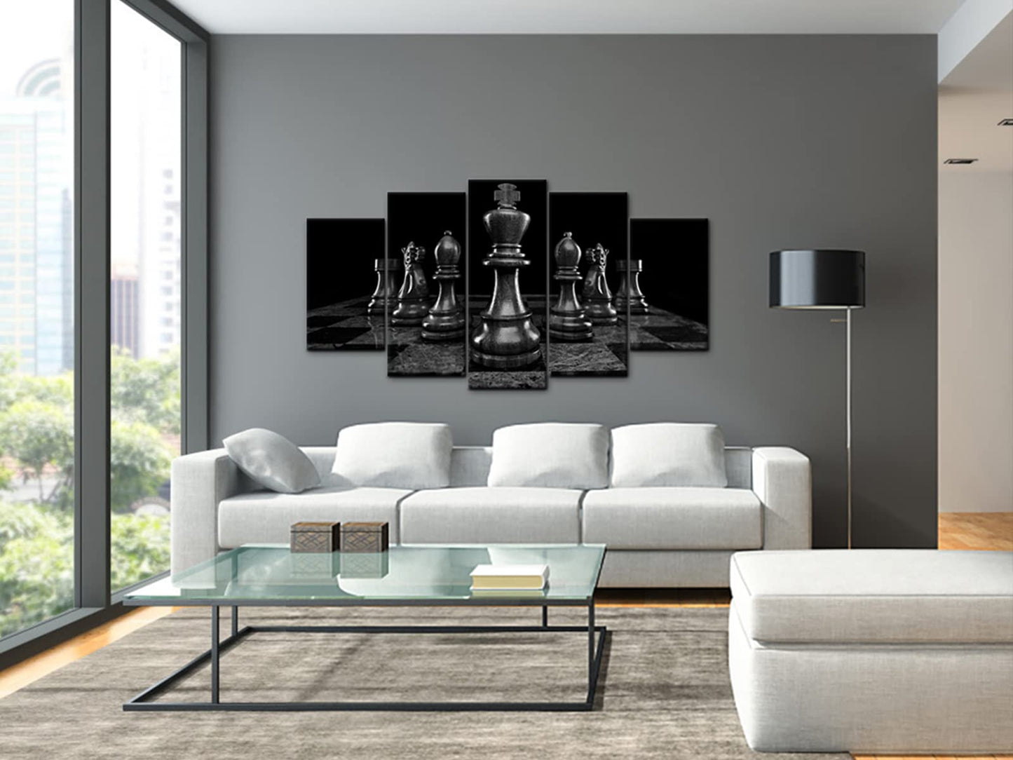 Conipit Chess Canvas Wall Art for Living Room Chess Board Wall Print Black King Knight Painting Chess Setup International Chess Picture Framed 5 Piece(total 60x32 inch)